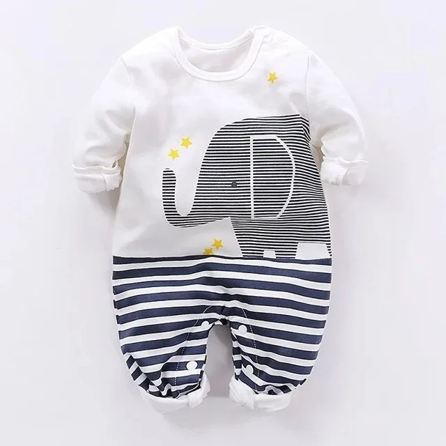 

Cute Baby Girl Long sleeve Elephant Peanut Print Striped Romper Jumpsuit