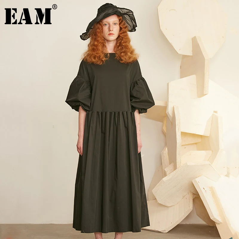 

[EAM] 2019 New Spring Summer Round Neck Half Puff Sleeve Ruffles Spliced Pleated Brief Loose Dress Women Fashion Tide JX180