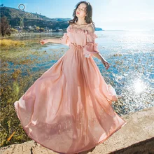 YOSIMI 2017 Summer Maxi  Halter Dress Chiffon Long Dress  Off-the-shoulder Dress Half Sleeve Beach  Long Dresses Tunic female