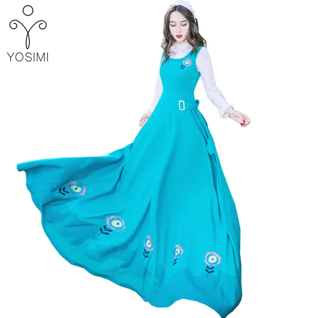 Best Offers YOSIMI 2017 Autumn Winter Women Beach Dress Retro Blouse+strap dress Folral Embroidery Two-piece Suit Sets Maxi Female Vestidos Best Offers YOSIMI 2017 Autumn Winter Women Beach Dress Retro Blouse+strap dress Folral Embroidery Two-piece Suit Sets Maxi Female Vestidos
