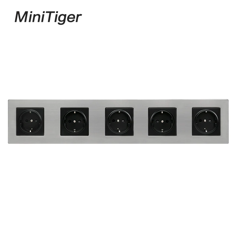 

Minitiger Stainless Steel Panel 5 Gang Wall Socket 16A EU Russia Spain Electrical Outlet Silver Black Child Protective Door