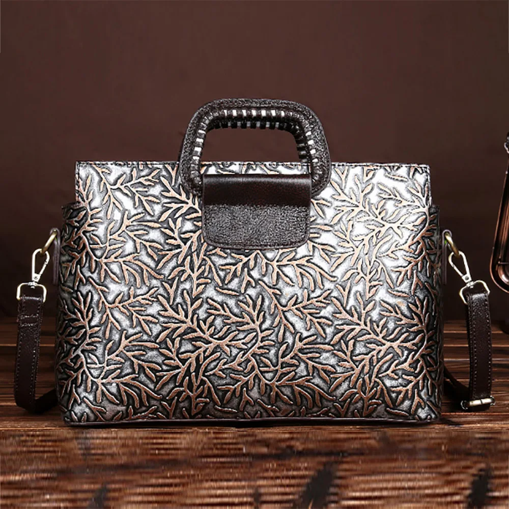 

High Quality Real Cowhide Messenger Shoulder Bags Embossed Handbag Vintage Design Leisure Women Genuine Leather Tote Bag