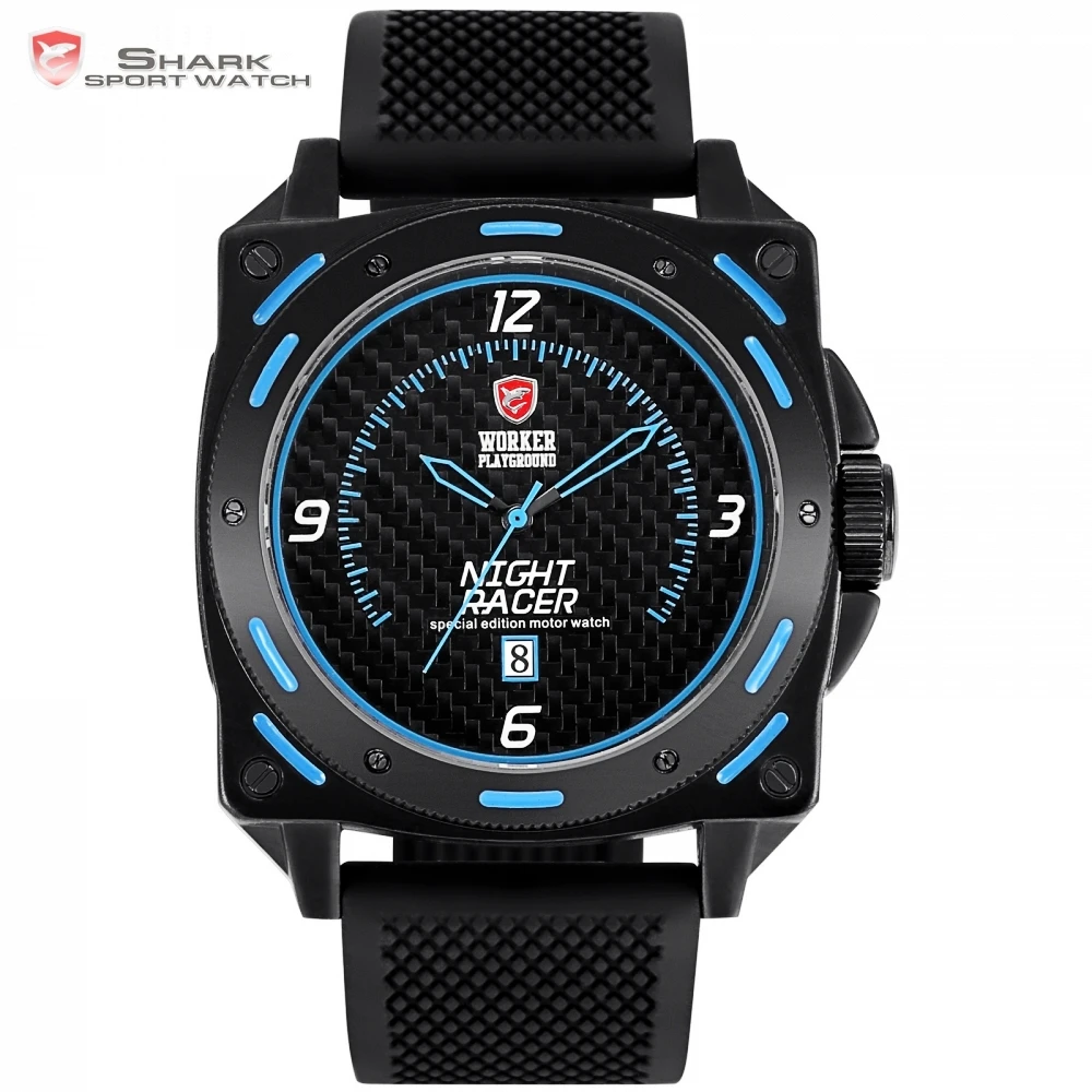 

Night Racer SHARK Sport Watch Black Blue Shiny Dial Rubber Band Date Analog Quartz Fashion Mens Male Wrist Watches + Box /SH602