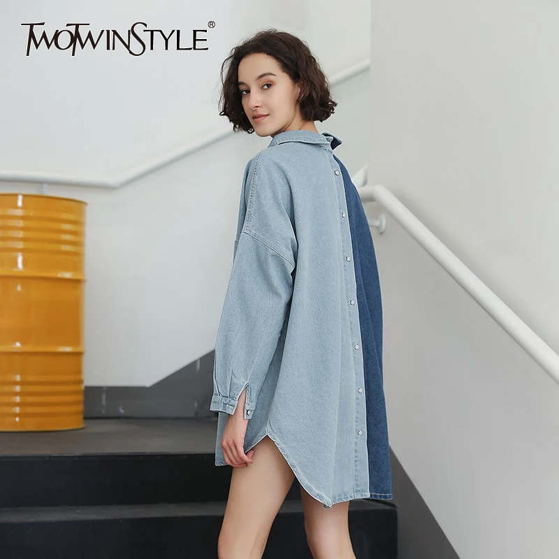 

TWOTWINSTYLE Casual Denim Shirt Women Long Sleeve Asymmetrical Patchwork Blouse Tops Female 2019 Autumn Fashion Clothes Big Size