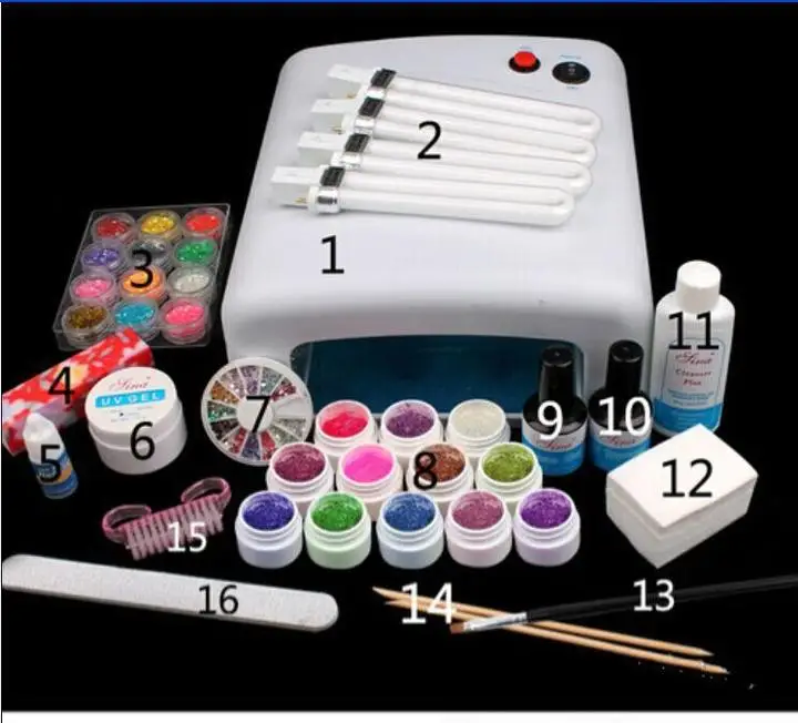 

ATT-123 free shipping Pro Full 36W White Cure Lamp Dryer & 12 Color UV Gel Nail Art Tools Sets Kits