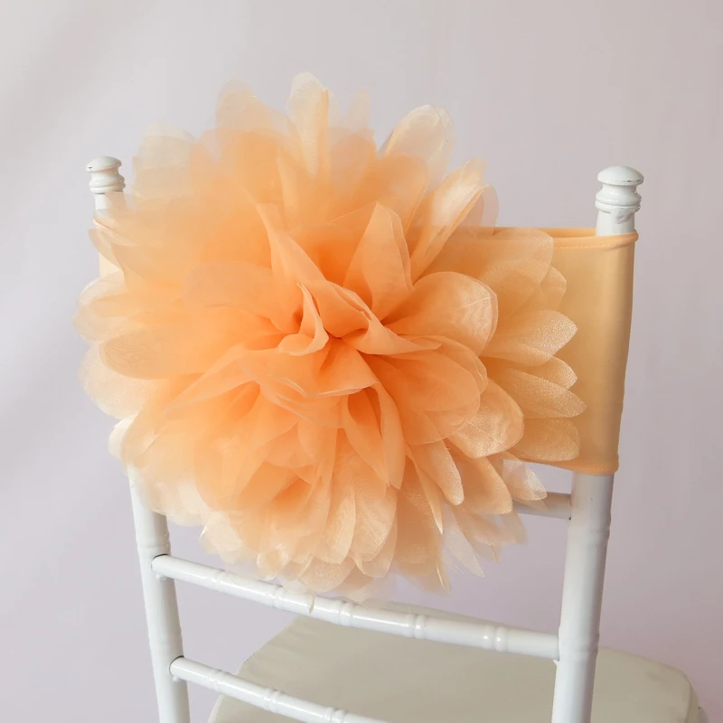 50 PCS Peach Organza Flower Chair Band Spandex Flower Chair Bandin
