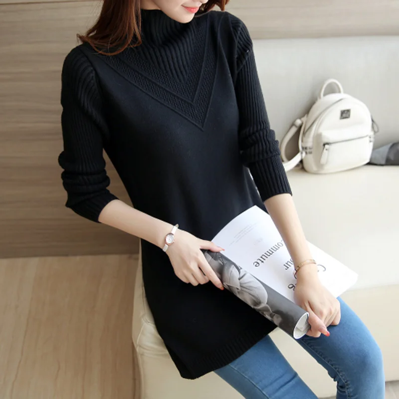 2019 Autumn Winter Warm Women Sweaters and Pullovers Hollow Out Turtleneck Long Sleeve Solid Knitted Pull Femme maglioni donna