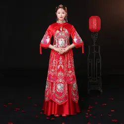 Винтаж красный Cheongsam современные китайские традиционные свадебное платье Для женщин Vestido Oriental воротники элегантные длинные Qi Pao