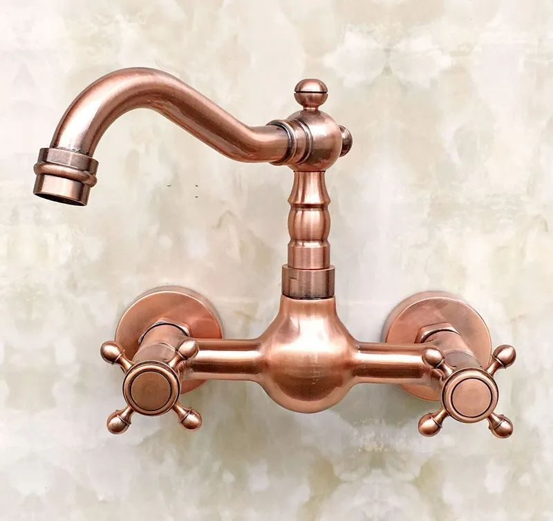  Antique Red Copper Brass Wall Mounted Dual Cross Handles Kitchen Sink Faucet Bathroom Basin Mixer W - 33020658278