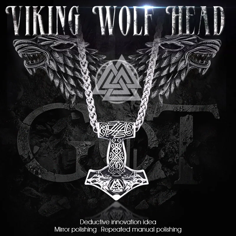 Beier stainless steel norse viking dropshipping 1pcs thor's hammer mjolnir wolf head pendant necklace scandinavian jewelryLP447