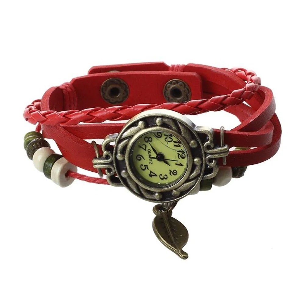 Relogio masculino коричневый Ретро Плетеный женский браслет с бусинами и листьями, браслет, кварцевые наручные часы reloj hombre часы#03 - Цвет: as photo
