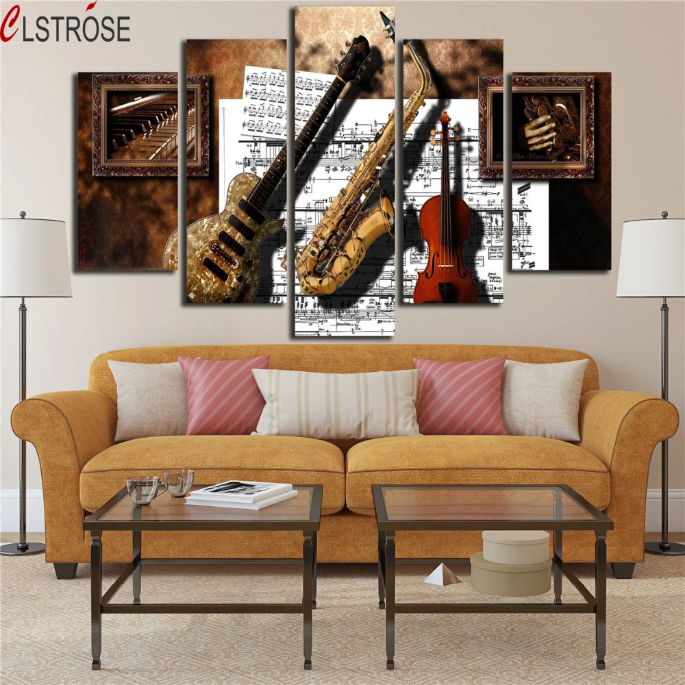 Wall-Art-Prints-Frame-Decor-5-Pieces-Musical-Instruments-Guitar-Saxophone-Violin-Music-Score-Paintings-Modular