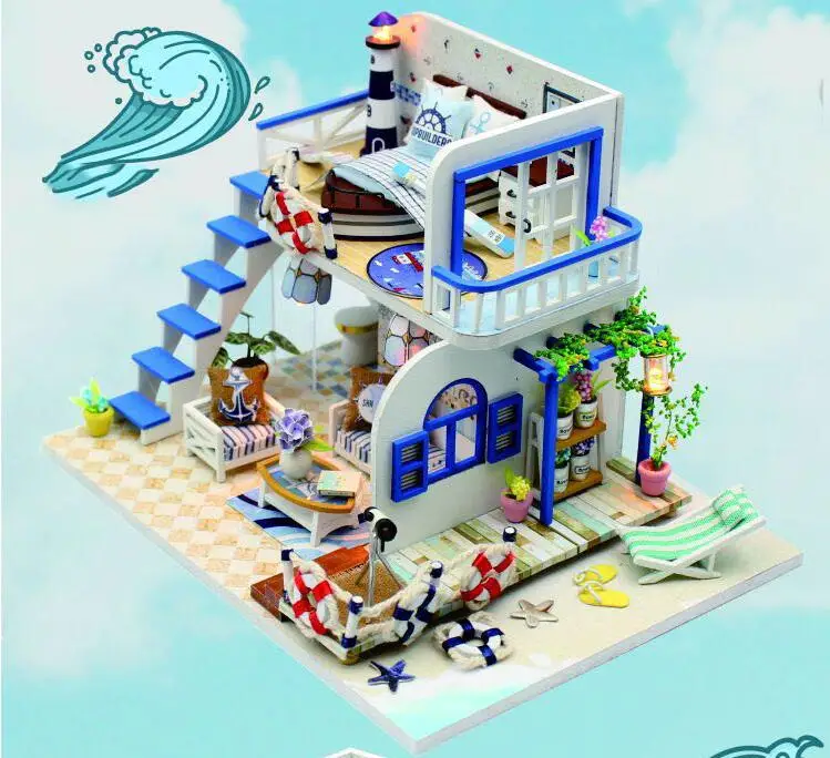 

New Assembled DIY Wooden House Miniature Doll House Furniture Kits Model Toys Valentine's Day Gift Blue Coast