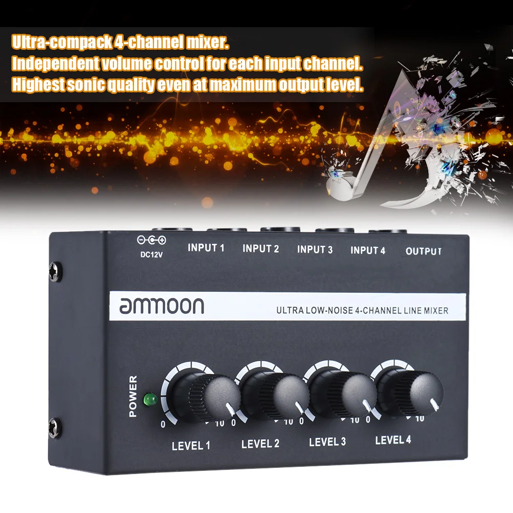 Ammoon MX400 4 микшер каналов микшерный пульт ультра-компактный низкий уровень шума линии моно аудио микшер с адаптером питания