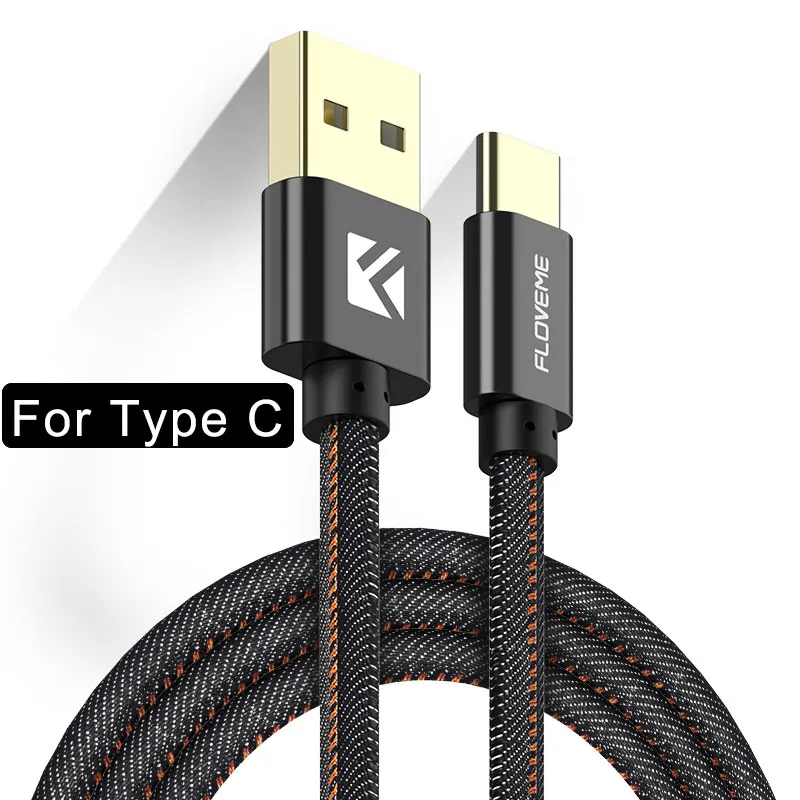 FLOVEME Denim type-C Lighting Micro USB кабель для iPhone 6 samsung Android Xiaomi Redmi huawei usb type C зарядный кабель передачи - Цвет: Black Type C