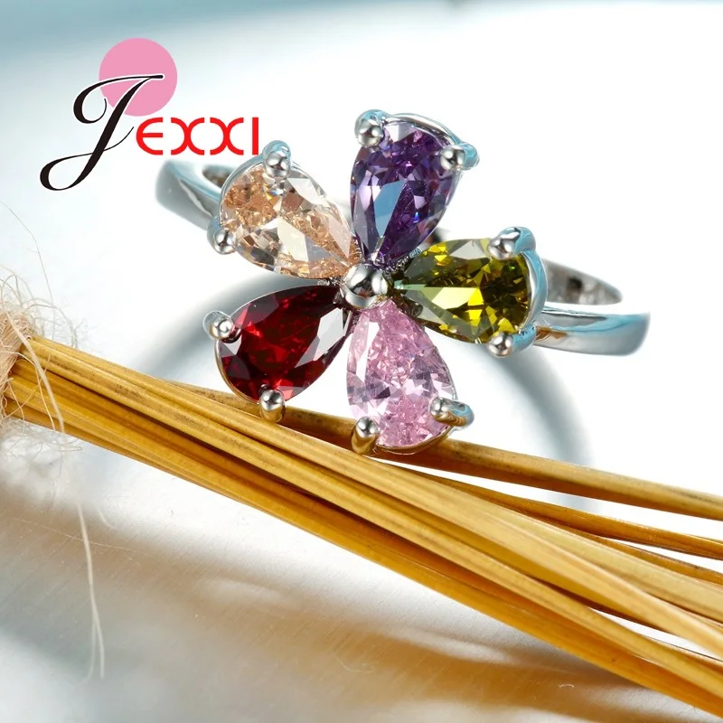 Красивые кольца в форме цветка с цветными кристаллами, 925 пробы, серебро, женские Свадебные обручальные кольца, модные вечерние ювелирные изделия на палец