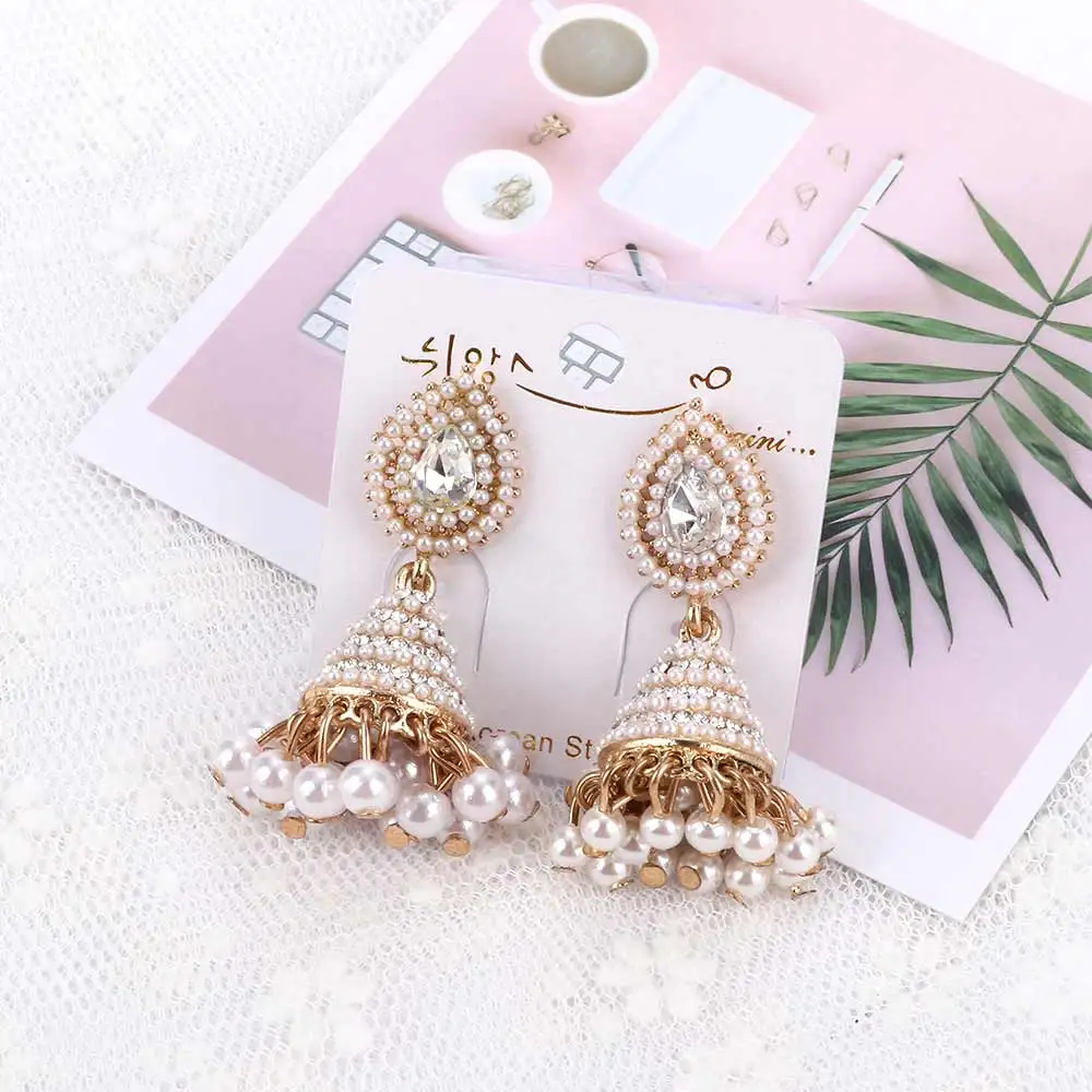 

Elegant Water Drop Bollywood Gold White Jewelry Indian Pearl Drop Earrings Women Stud Jewelry Alloy Retro Wedding Dangle Jewelry