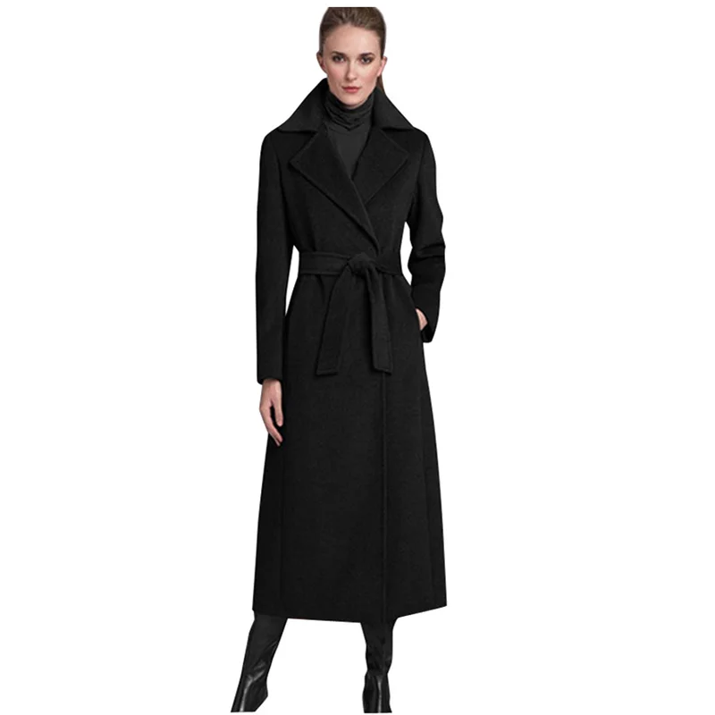 

Savabien Winter Women Coat 2019 Vintage Elegant Long Black Lapel Belted Korean Wool Blend Coat Ladies Trench Coat Outerwear