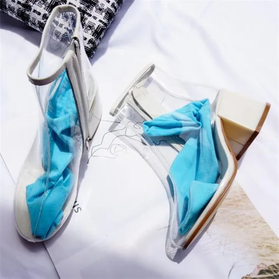 2018 Net Red Shoes Woman PVC Boots Women Ins Hot Transparent Candy Color Sock Ankle Boots Thick High Heel Rain Boots Botas Mujer (31)