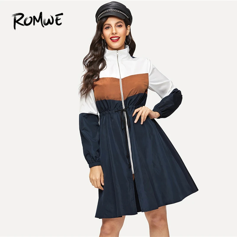 ROMWE приталенное цветное пальто на молнии женское синее пальто на молнии весна осень с длинным рукавом до колена