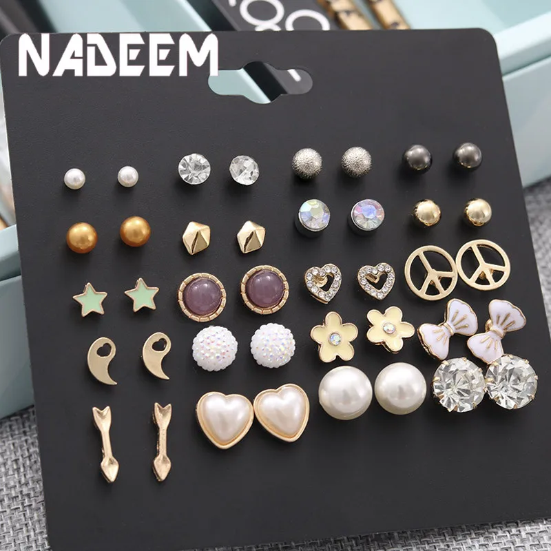 Винтажные 20 пар/комплект Женские Имитация жемчужные серьги-гвоздики комплекты ювелирных изделий Классические эмалированные Цветы. Сердце, бант, звезда Шарм серьги набор