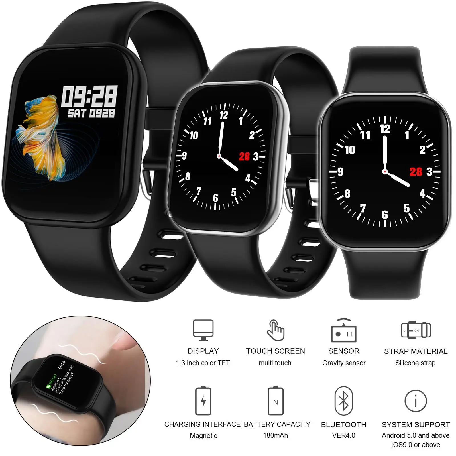 

1.3 inch Full Screen Smart Watch Heart Rate Blood Pressure Monitor Bracelet Sports Fitness Tracker Calls Messages Sync