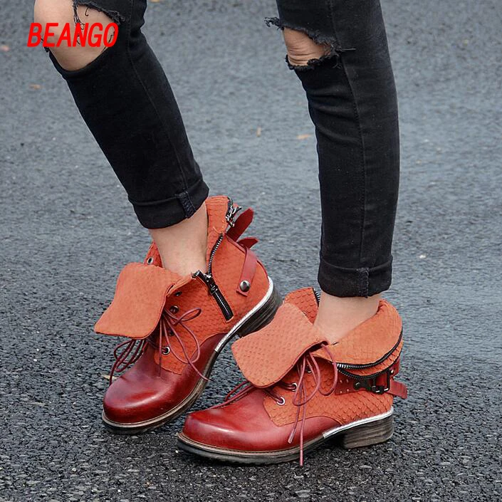 BEANGO Spring Autumn Thick Heels Buckle Retro Women Ankle Boots Fashion Lady Vintage Martin Boots Motorcycle Knight Boots 34-42