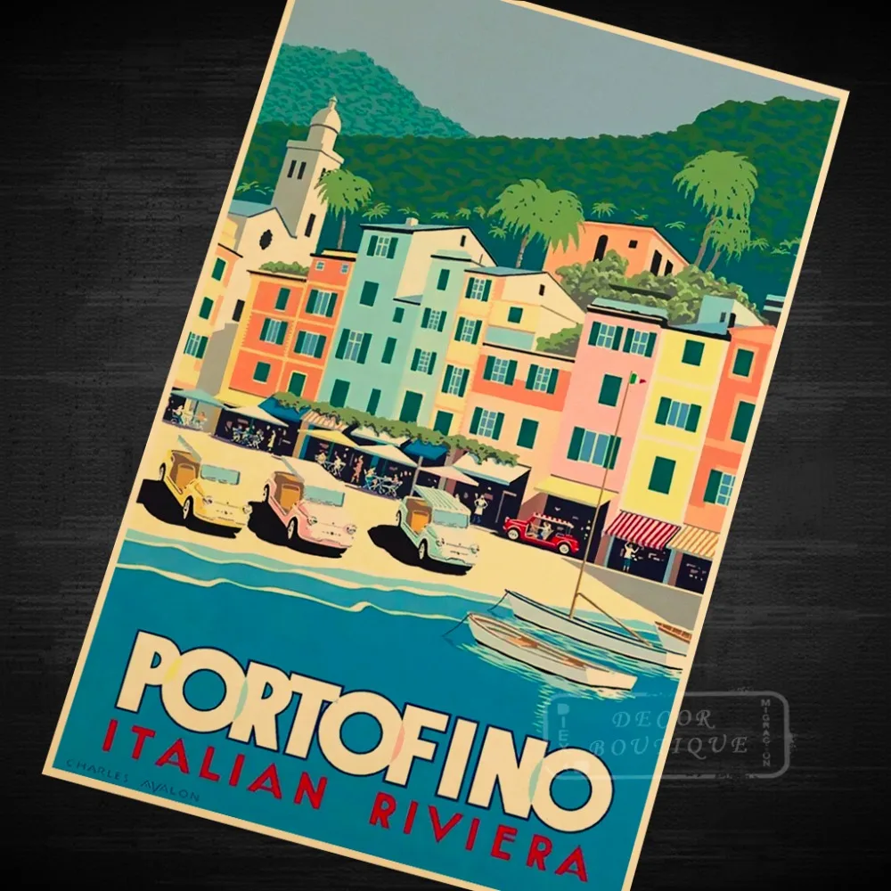 

Fiat Jollys Portofino Travel Italy Landscape Vintage Retro Kraft Canvas Poster DIY Wall Stickers Posters Home Decor Gift