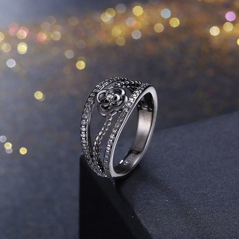 Rose Design With Cubic Zirconia Party Accessorise Black Gun Color Rings For Women Fashion Jewelry (JewelOra RI103323)