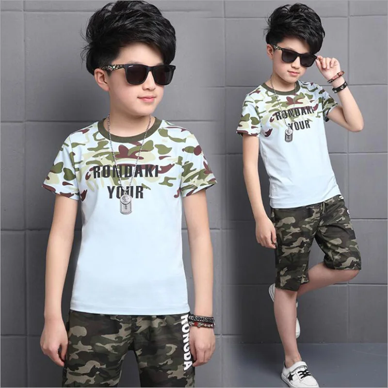 2019 summer boys teenage sport sets kids short sleeves T-Shirt + camouflage shorts suits boys clothes sets 3-10T (4)