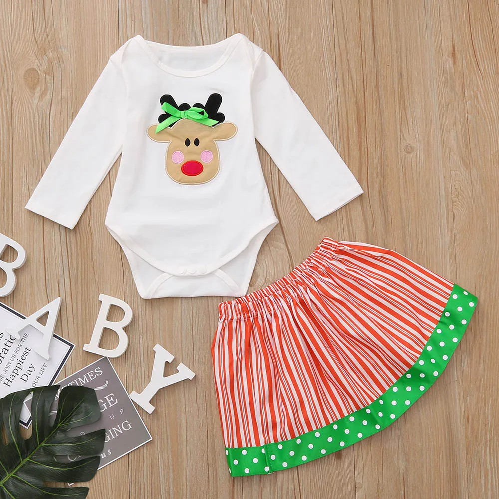 

2PCS Infant Baby Girls Fawn Cow Printed Jumpsuit Long Sleeves O-neck Romper+Christmas Striped Dot Print Skirt Outfit Clothing
