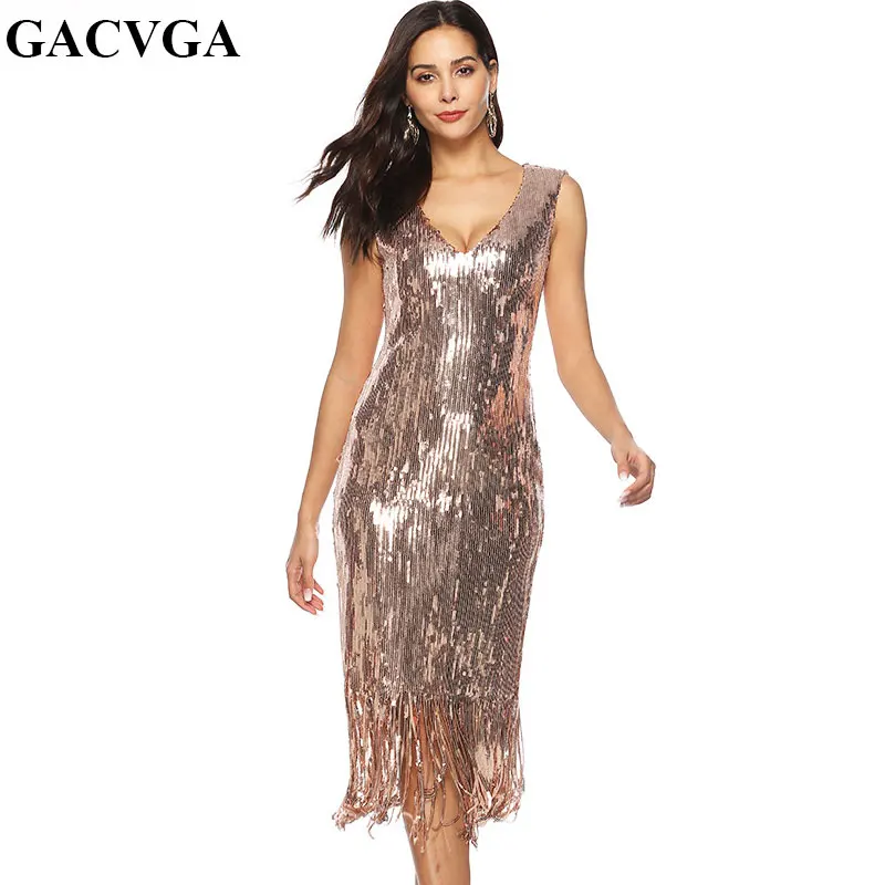 

GACVGA 2019 Gold Sequin Party Maxi Dress Women Sexy Tassel Long Dress Casual V Neck Sleeveless Summer Dresses Vestidos