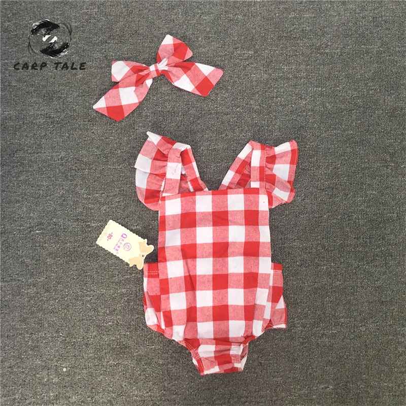 

2019 cute baby girl clothes red plaid short-sleeved jumpsuit cute bow summer tight clothes loaded treasure newborn girl jumpsuit