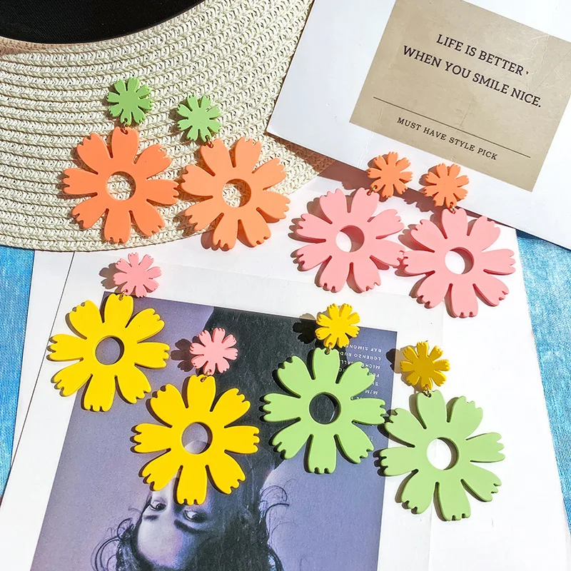 

2019 Korea hot fashion jewelry sweet mixed color elegant flower earrings exaggerated summer style beach party earrings for women