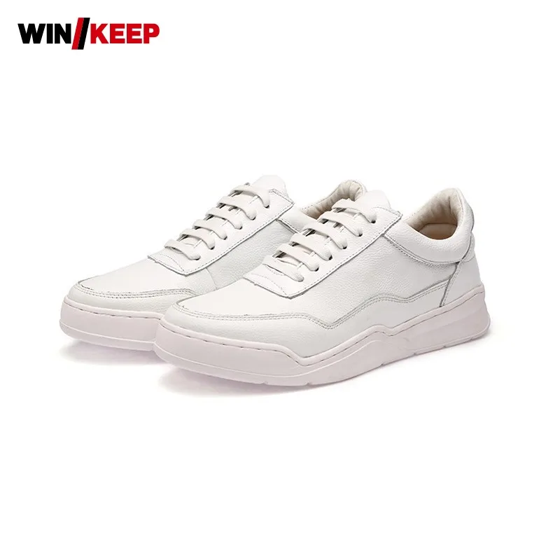 

2018 New Men Genuine Leather Sports Sneakers Lace Up Thick Platform Skateboarding Shoes Black White Breathable Running Shoes