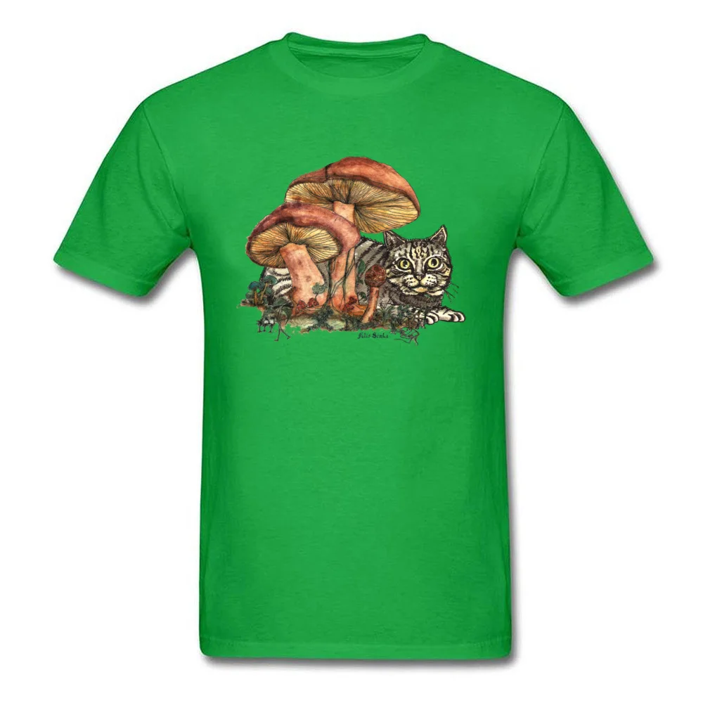 Mushroom and Cat NEW YEAR DAY Cotton Crew Neck Tops & Tees Short Sleeve Crazy Tee-Shirt 2018 New Fashion Comics T-Shirt Mushroom and Cat green
