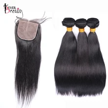 3 Human Hair Bundles With Silk Base Closure Brazilian Straight Hair Weave Bundles With Closure 4×4 Part Ever Beauty Hair Remy