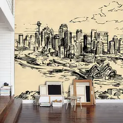 Простой ручной росписью пользовательские Sketch больших городов вокруг углу кафе обои спальне обои ТВ фон картины