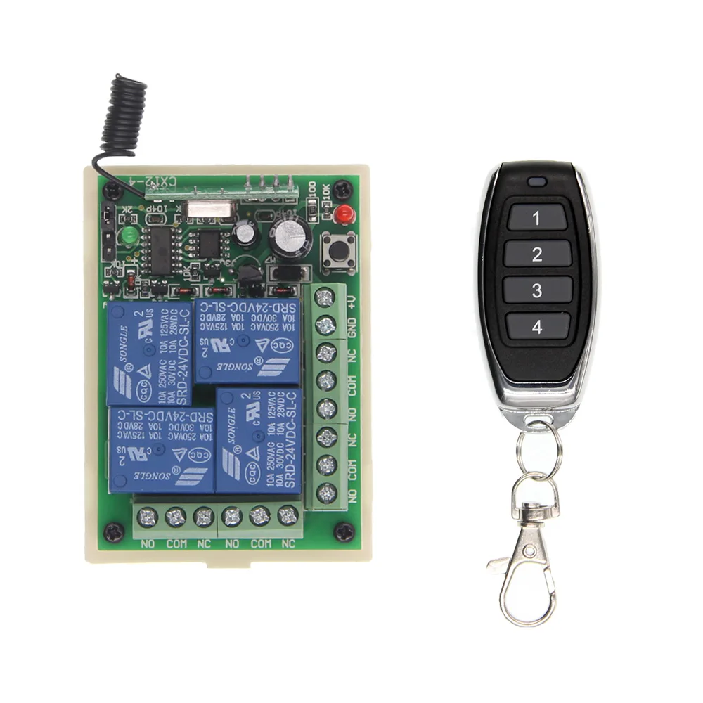 

Universal DC 12V 24V 10A 4CH 4 CH Relay Wireless RF Remote Control Switch Transmitter+Receiver Module,315 / 433 MHz