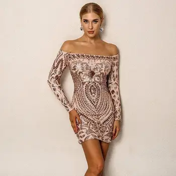 

Fashion Khaki Black White Sequin Dress High Quality Slash Neck Bright Bodycon Dress Club Party Sexy Off The Shoulder Dress F-56