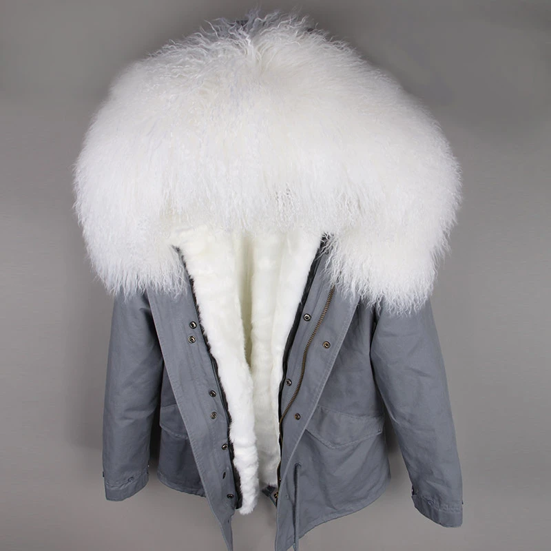 Зимняя женская куртка, парка, пальто из натурального меха, парки из натурального меха монгольской овцы, Толстая теплая Роскошная съемная верхняя одежда, уличная одежда - Цвет: grey white