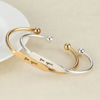 

Free Spirit Gold and Silver Color Hand imprint Positive Inspirational Bar Warp Bangle Cuff Bracelet Mantra Bracelets for Women