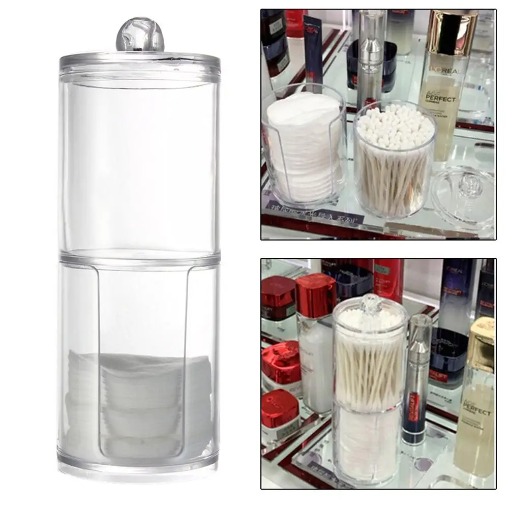 

Fashion Dual Layer Cylinder Clear Acrylic Cotton Storage Box Makeup Cotton Container Hold Case Cosmetics Box for home office
