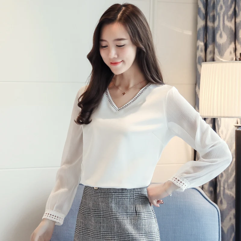 

2018 Summer Female solid white Tops Ruffles Chiffon Blouse V neck Casual long sleeve Shirts Femme Elegant Women Blusas 509A3