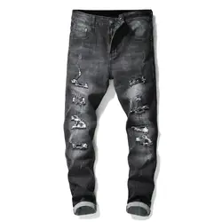 2019 новые уличные мужские джинсы Мужская мода отверстие печати тонкий микро-эластичный ноги брюки хлопок брюки более размер 30-34 36 38
