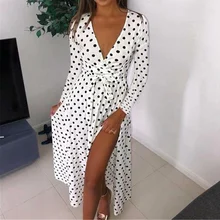 Fashion Dot Print Dress Sexy V-Neck Tie High Slit Dress Ladies Sheath Sashes Dresses tribal print tassel tie neck dress