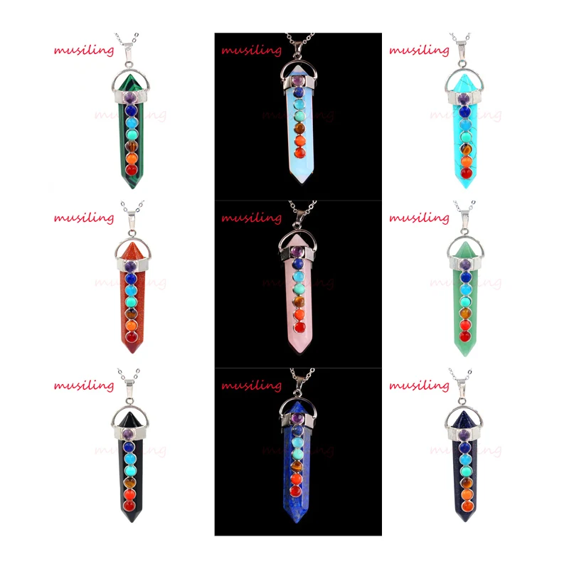 

Men jewelry Natural Gem Set 7 Beads Hexagon Prism Point Reiki Pendulum Pendant Charms Healing Chakra Amulet Jewelry 14X Mix