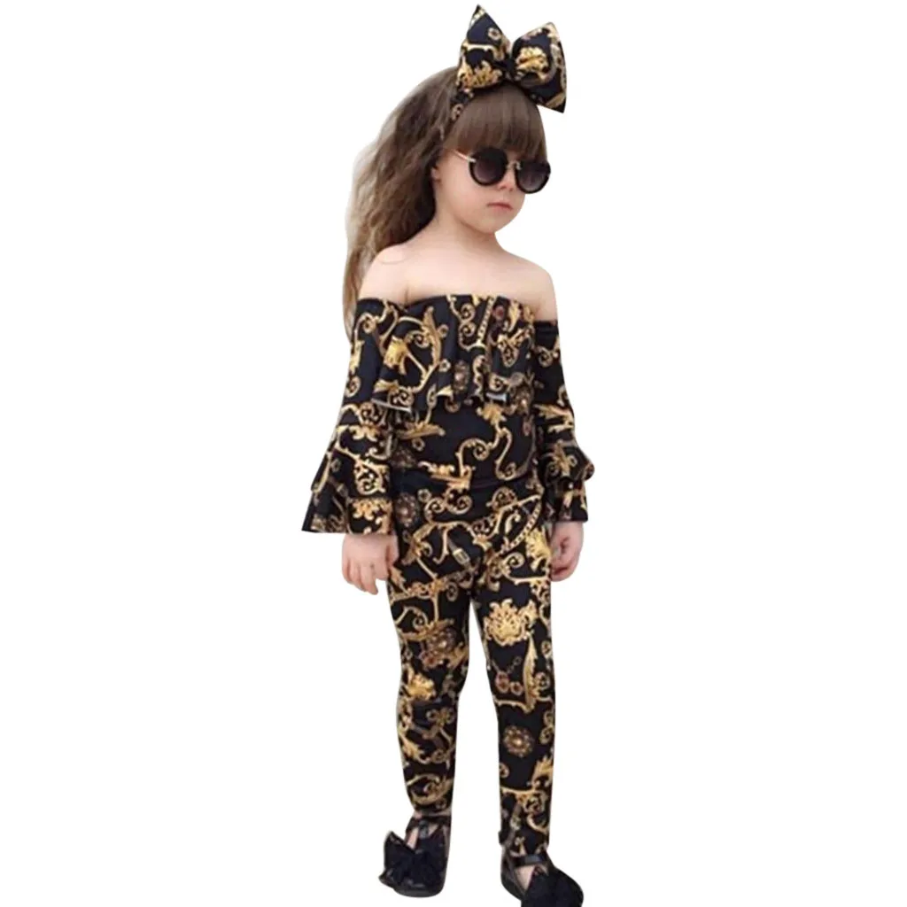 

2019 NEWES ARLONEET Fashion baby girls Toddler Kids Baby Girls Outfits Printing Off Shoulder T-shirt+Pants+Headband Set Z0215