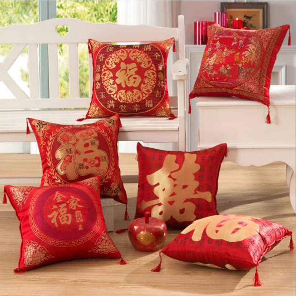 Chinese tradition style Fu Silk damask Pillow cover double side embroid Lucky Happy Fortune Home Decorative Pillowcase 45*45cm