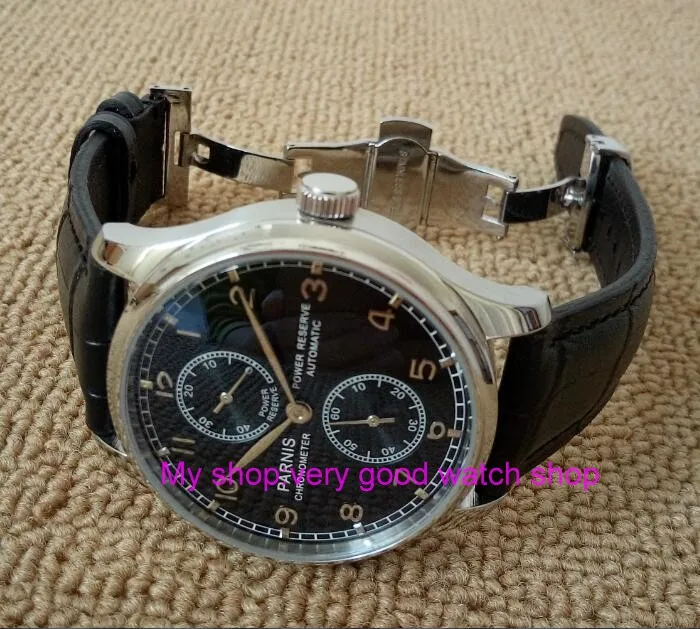 

Butterfly buckle PARNIS 43mm black dial Automatic Self-Wind movement power reserve men's watch Mechanical watches 165b